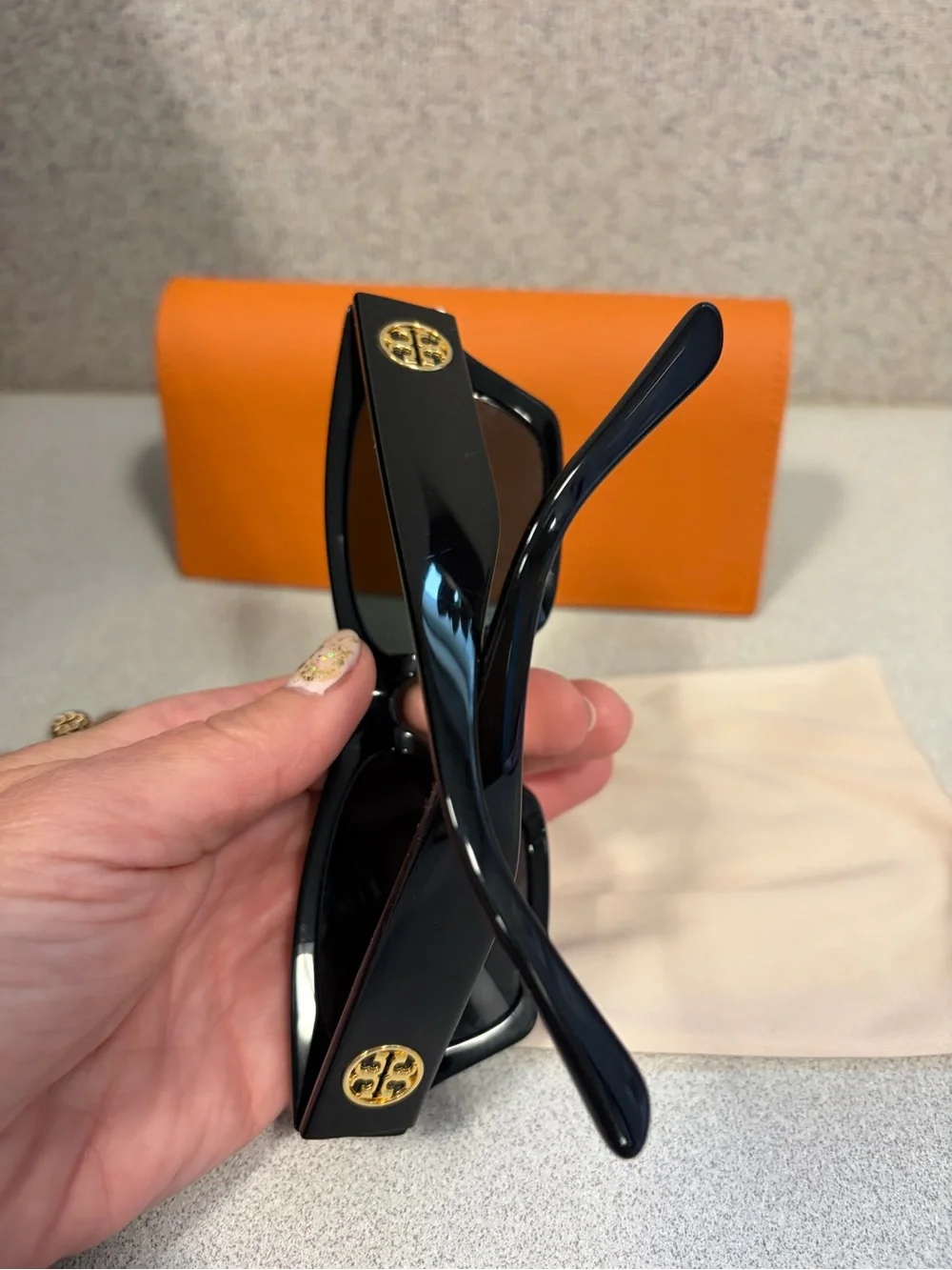 Tory Burch Black Square Sunglasses with Orange Logo Case